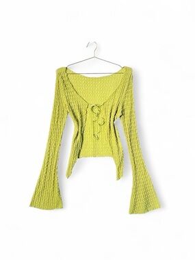 Y2K Lime Green Popcorn Texture Bell Sleeve Fairycore Tie Front Top M